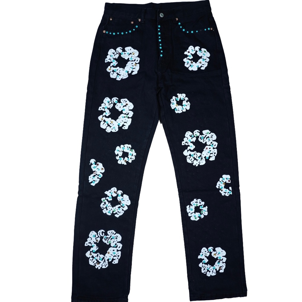 Denim Tears Studded Black Cotten Wreath Print Jeans